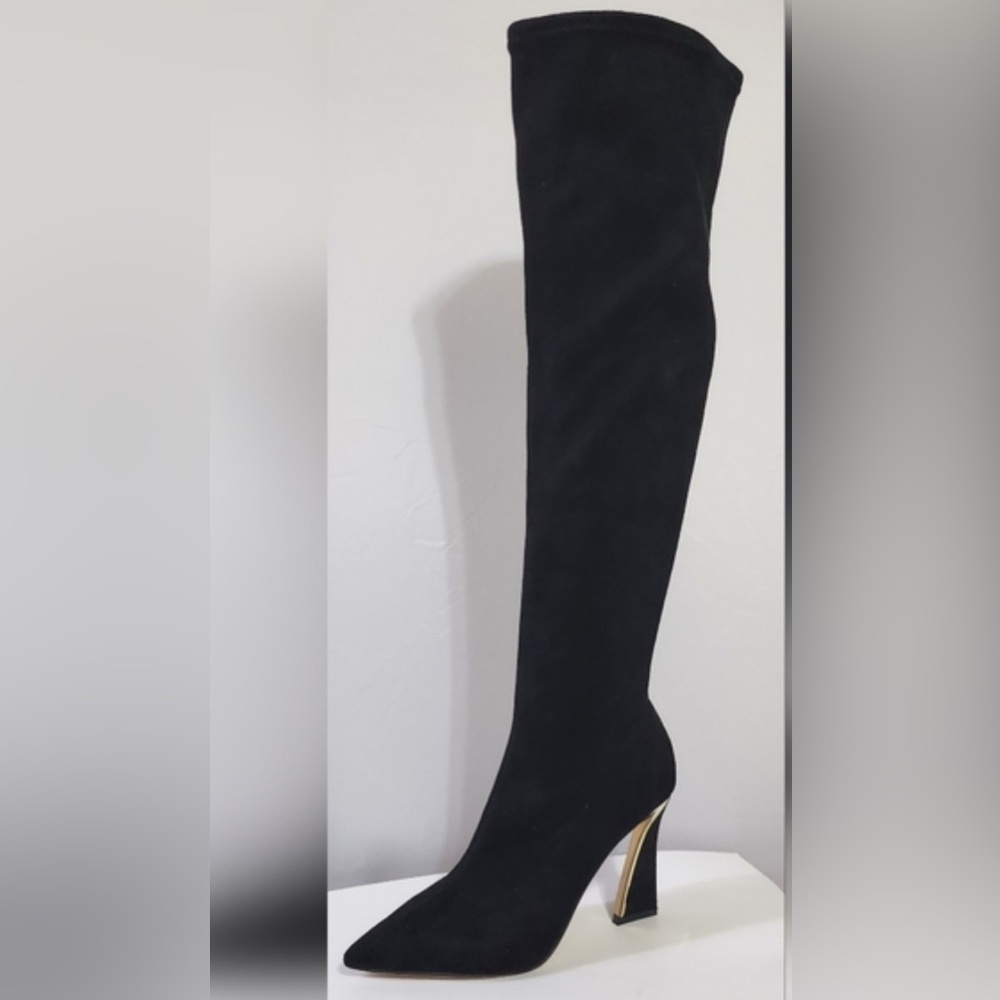JLO Jennifer Lopez Elegant Black and Gold Over-the-Knee Boots